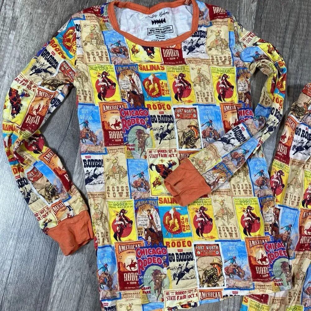 Rodeo Cowboy Bamboo Pajamas 3T 2 Piece Long Sleeve All Over Print Unisex
